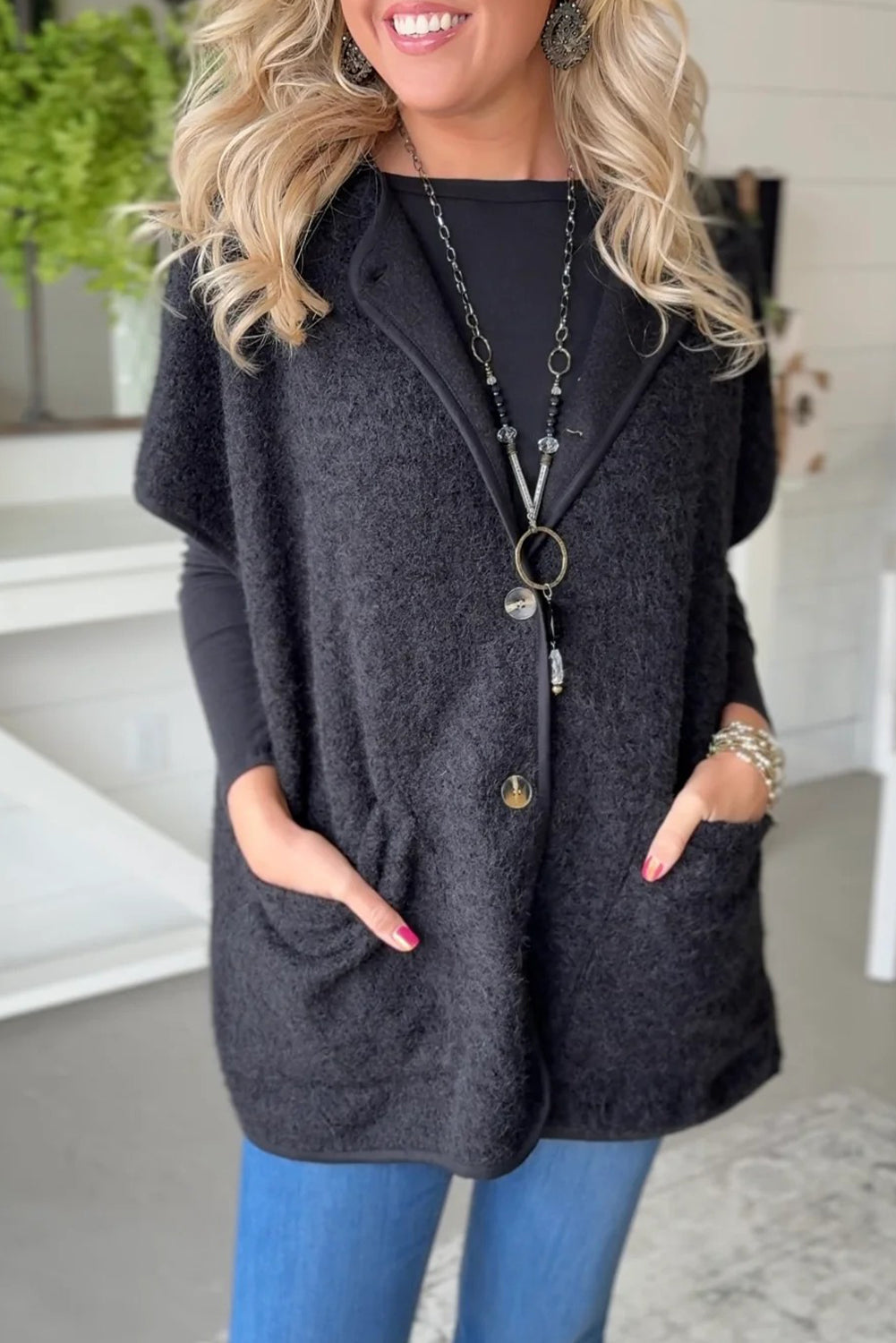 Black Short Sleeve Buttoned Front Loose Jacket Top