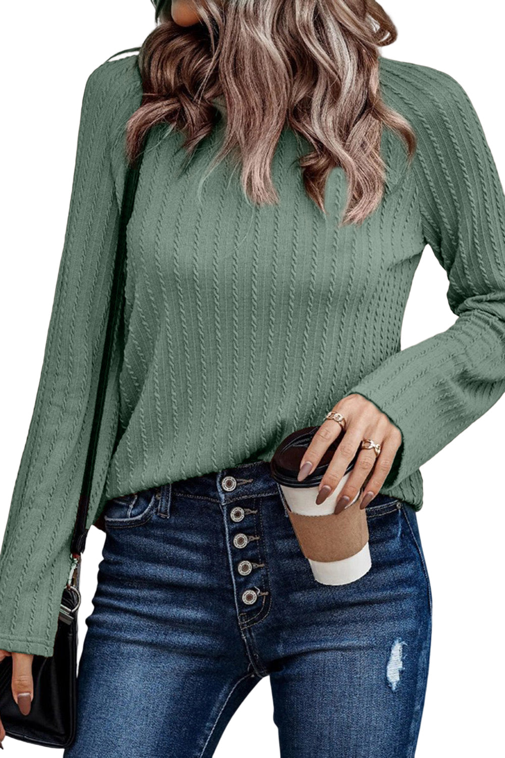 Elegant Green Ribbed Knit Top with Long Sleeves