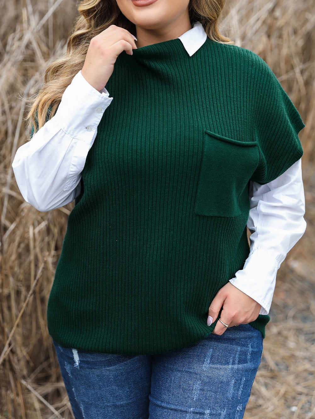 Jungle Green Plus Size Mock Neck Chest Pocket Short Sleeve Sweater