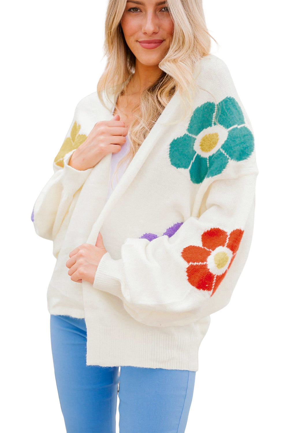 Elegant White Floral Jacquard Bubble Sleeve Knit Cardigan