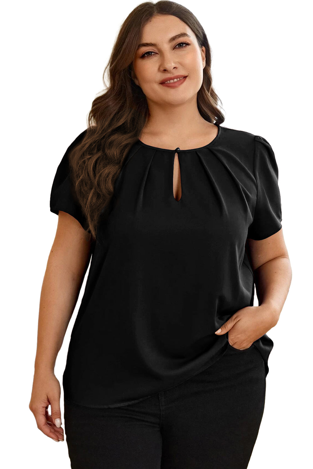 Chic Black Keyhole Pleated Plus Size T-Shirt