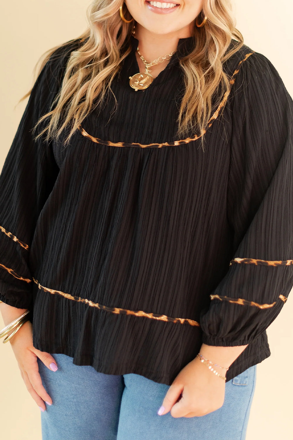 Black Plus Size Leopard Trim Split Neck Long Puff Sleeve Pleated Blouse