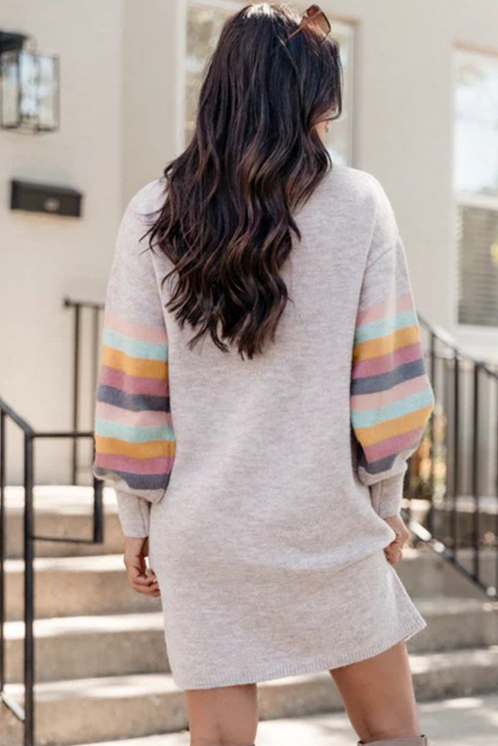 Light Grey Striped Detail Puff Sleeve High Neck Shift Mini Sweater Dress