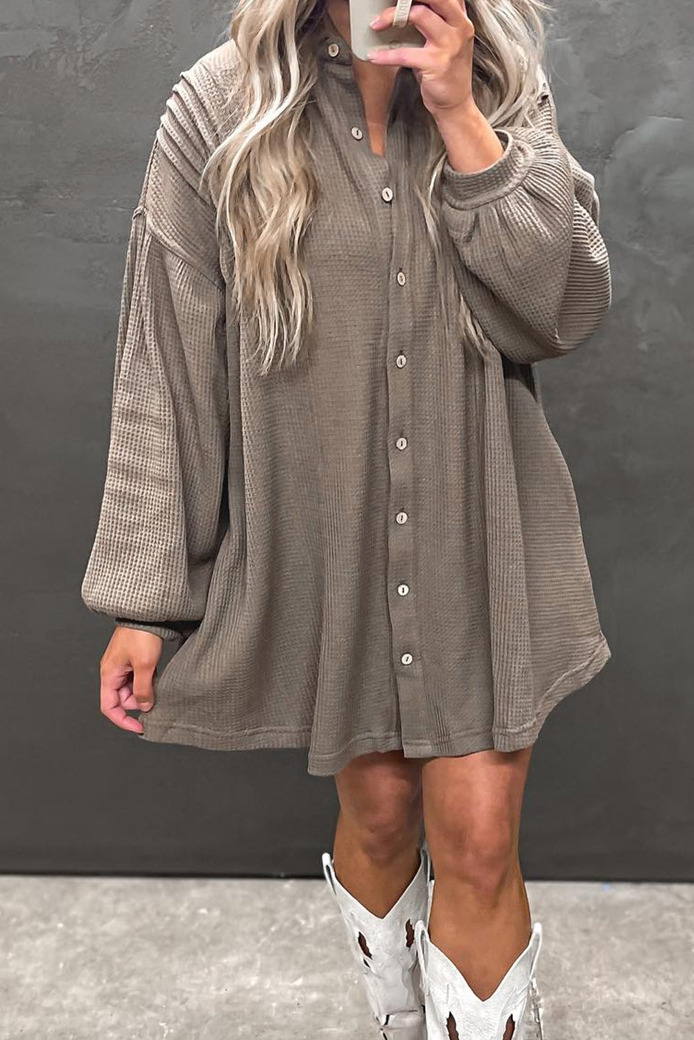 Simply Taupe Waffle Knit Shirt Tunic Dress