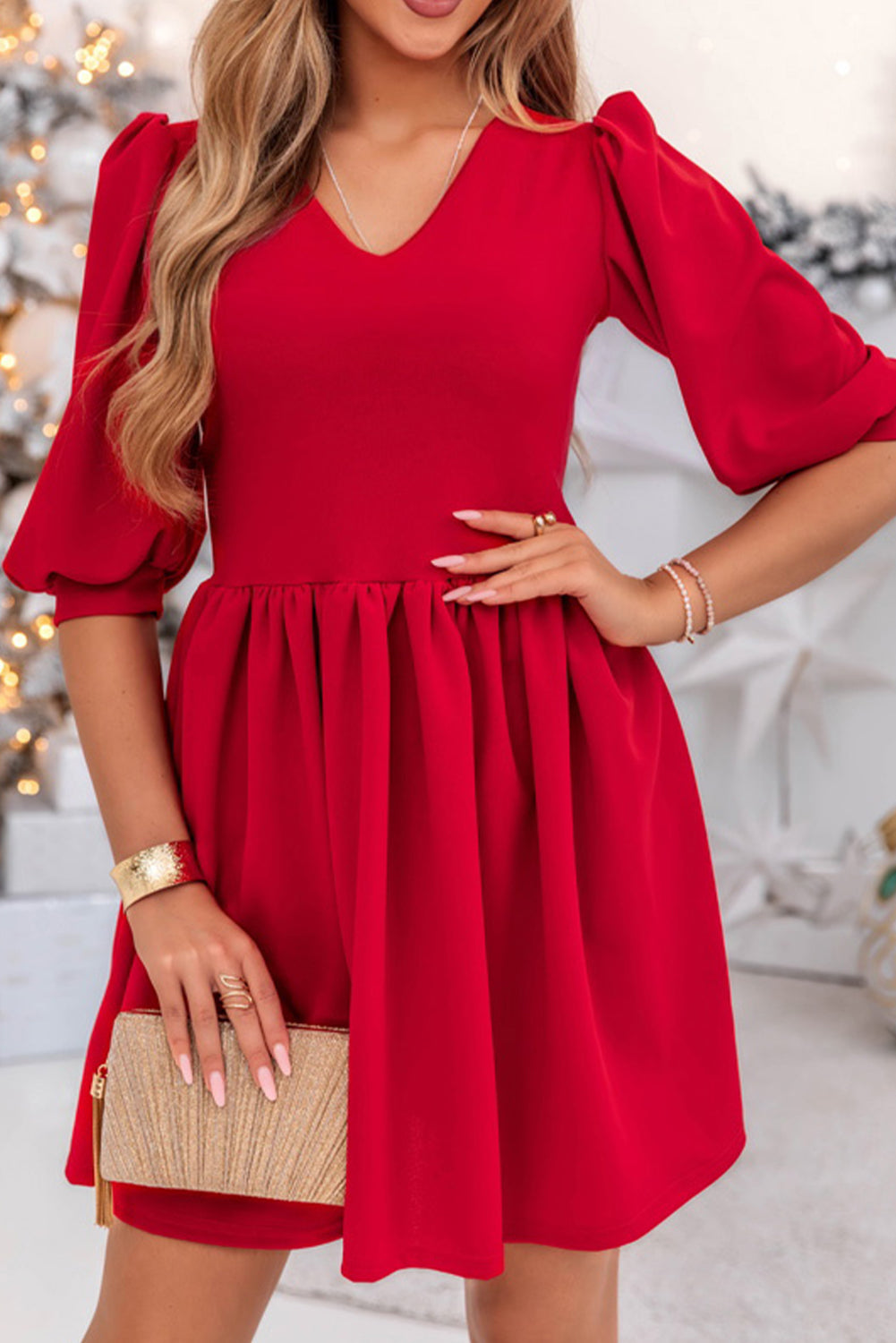 Racing Red Festive Half Puff Sleeve Pleated High Waist A-line Mini Dress