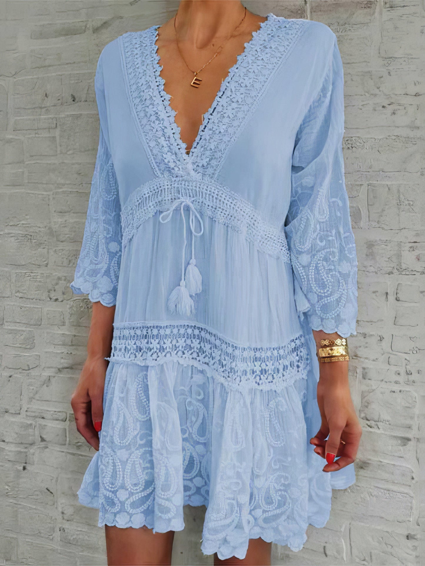 Chic V-neck Print Dress with 3/4 Sleeves and Hollow Design