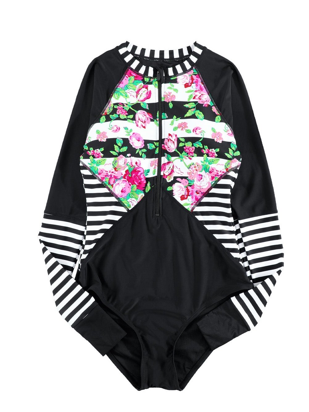 Floral Striped Patchwork Rashguard Swimsuit with Long Sleeves