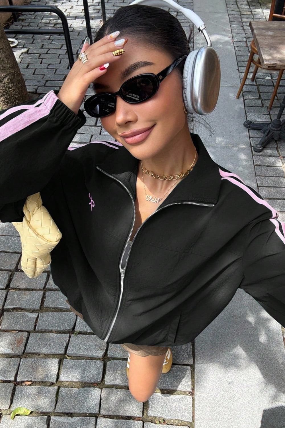 Black Bow Embroidered Detail Zip Up Sweatshirt Womens Jacket