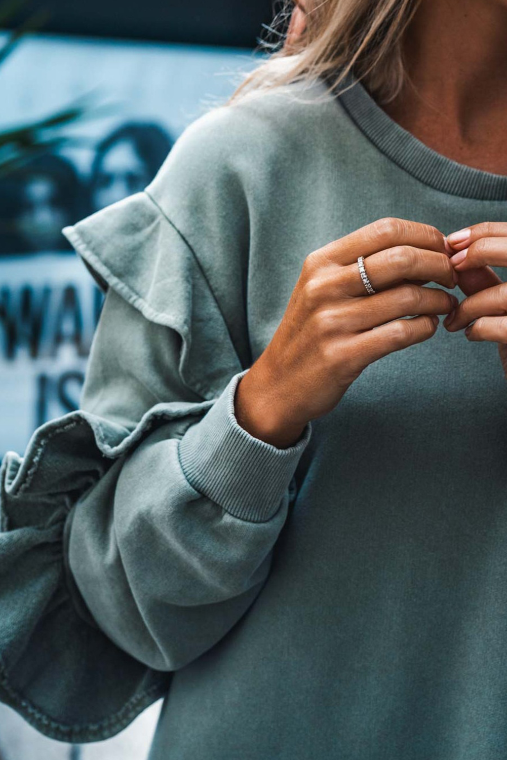 Haze Blue Ruffled Shift Knit Long Sleeve Mini Dress