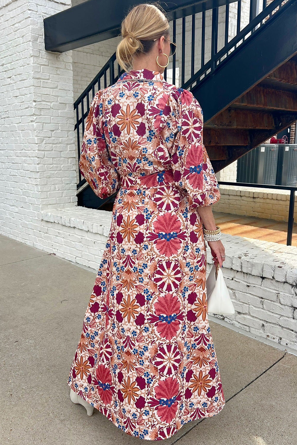 Red Floral Print Shirt Collar Button Down Puffy Bracelet Sleeve Long Dress