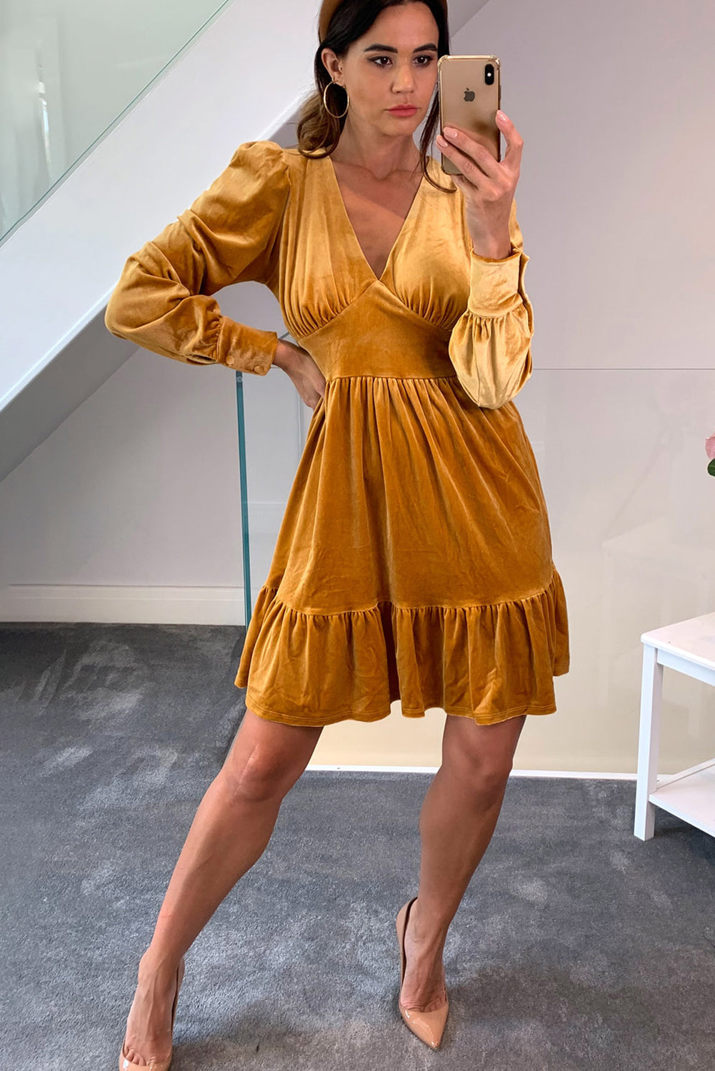 Golden Apricot Velvet Long Sleeve V Neck High Waist Ruffled Mini Dress