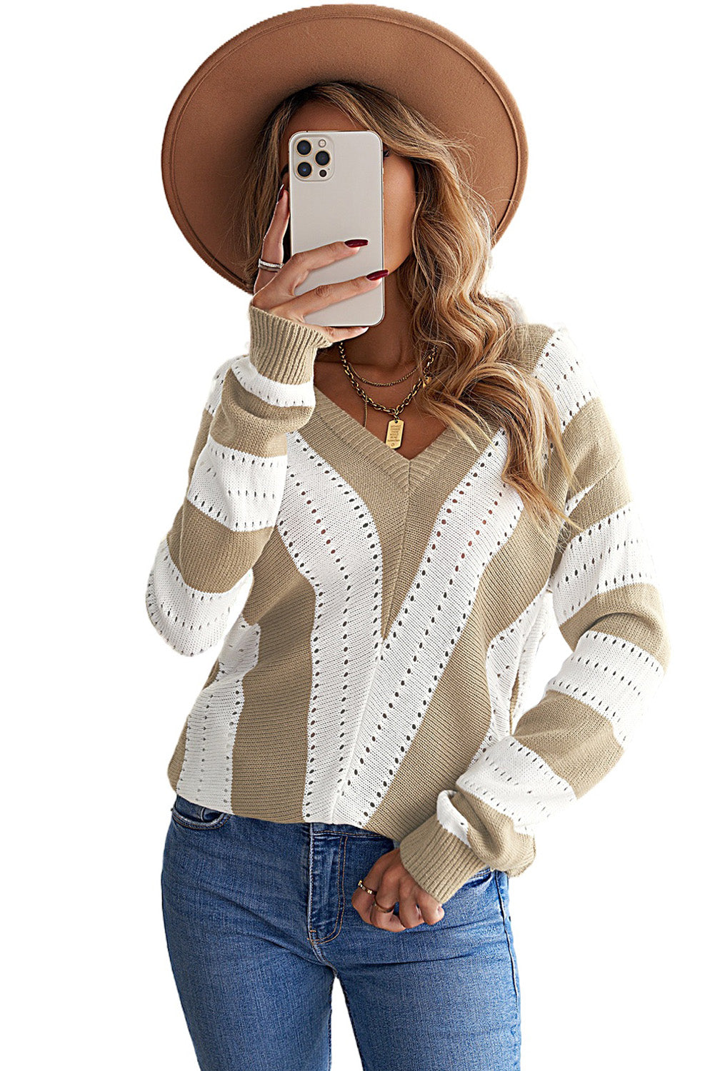 Khaki Colorblock V Neck Striped Knit Sweater
