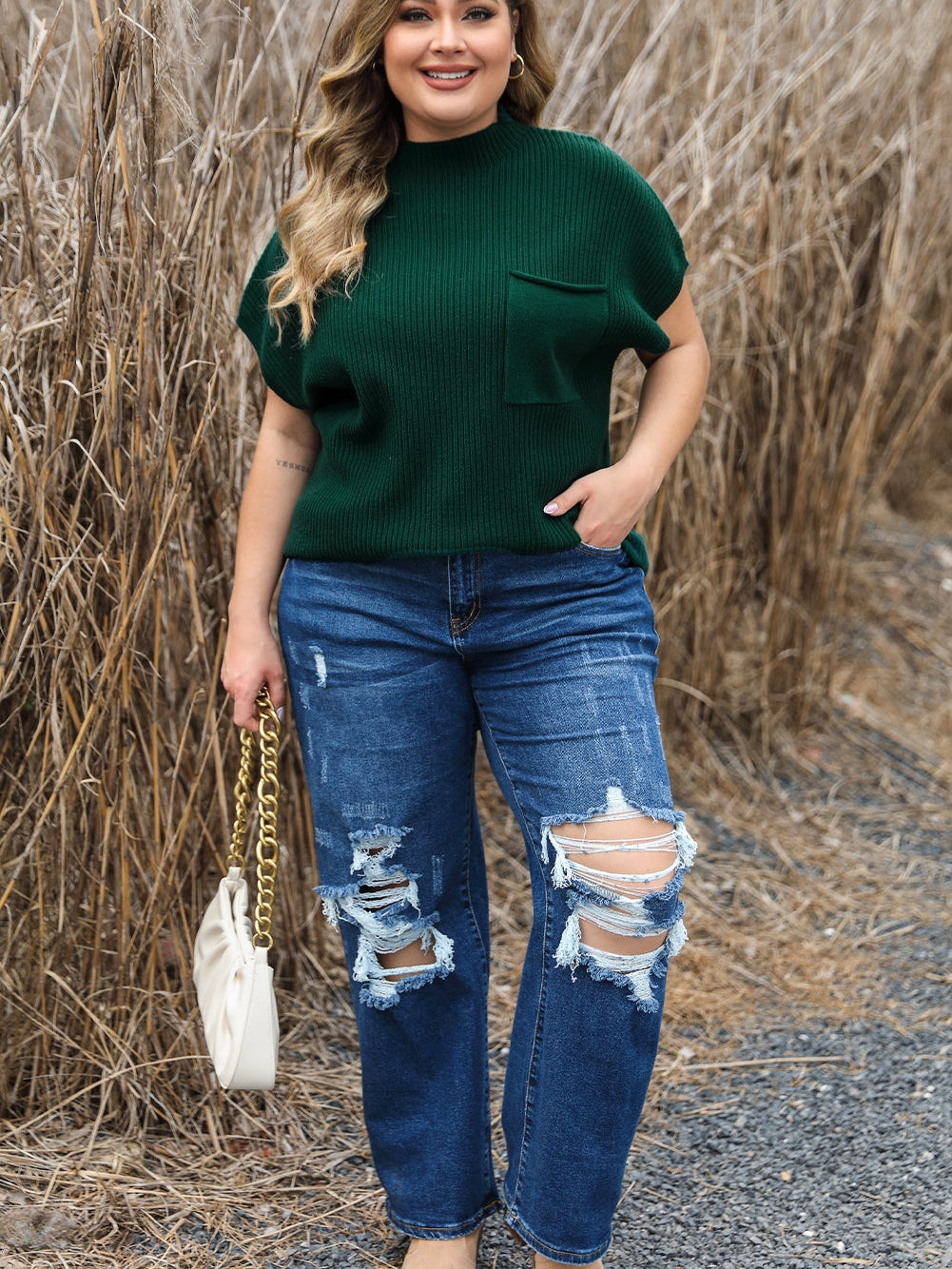 Jungle Green Plus Size Mock Neck Chest Pocket Short Sleeve Sweater