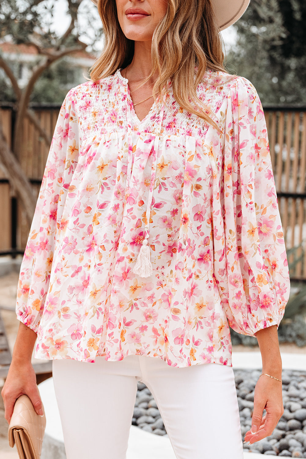 pink floral blouse