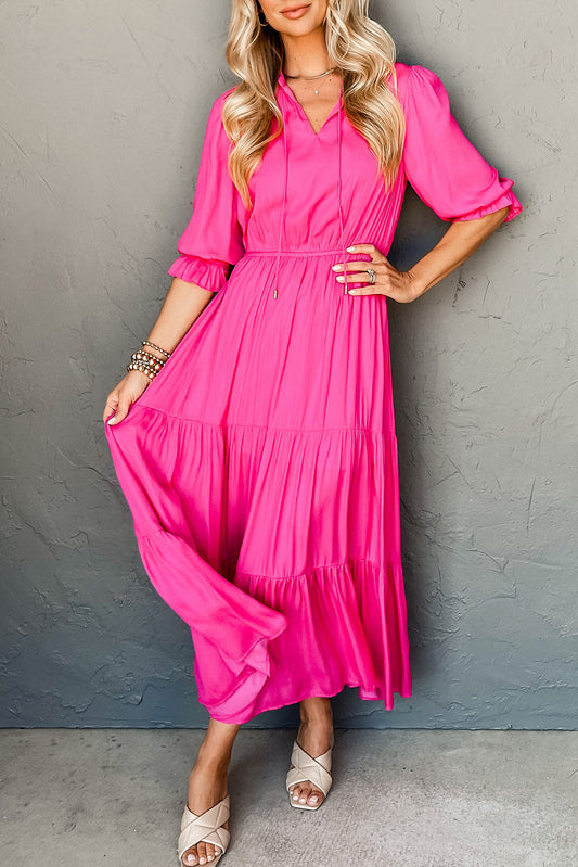 Strawberry Pink Flounce Bracelet Sleeve V Neck Tiered Maxi Dress