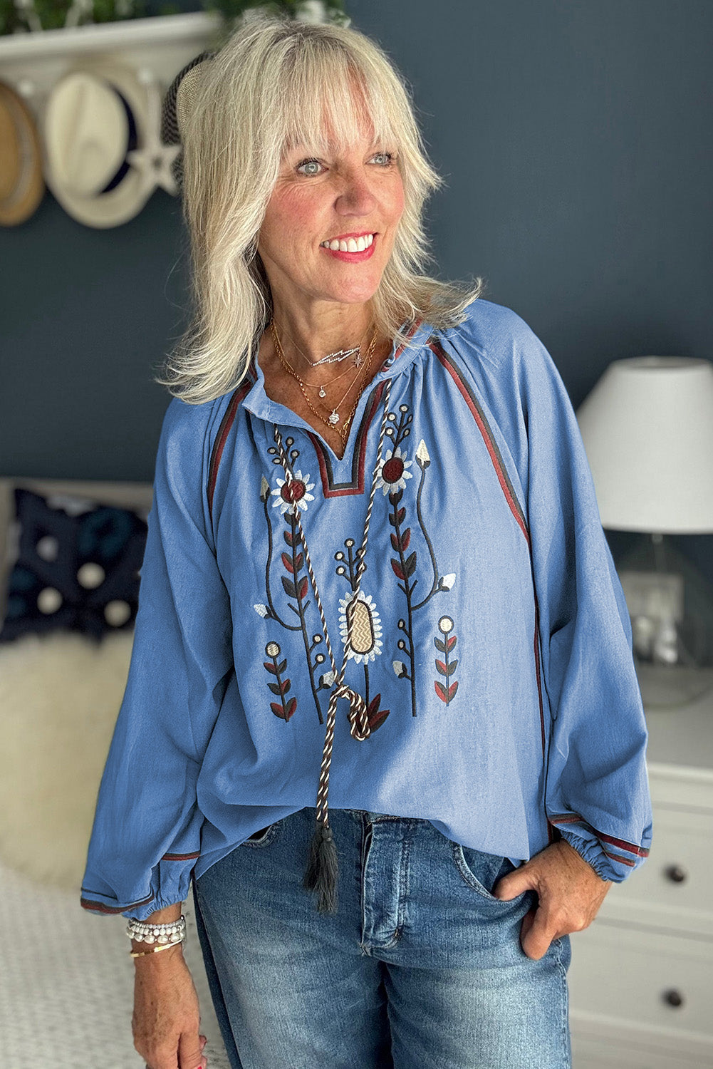 Real Teal Floral Embroidered Split Neck Tassel Tie Puff Sleeve Blouse