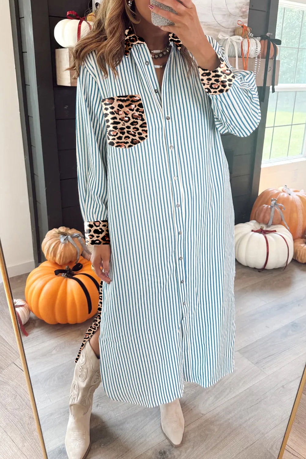 Sky Blue Stripe Contrast Leopard Patchwork Long Shirt Dress