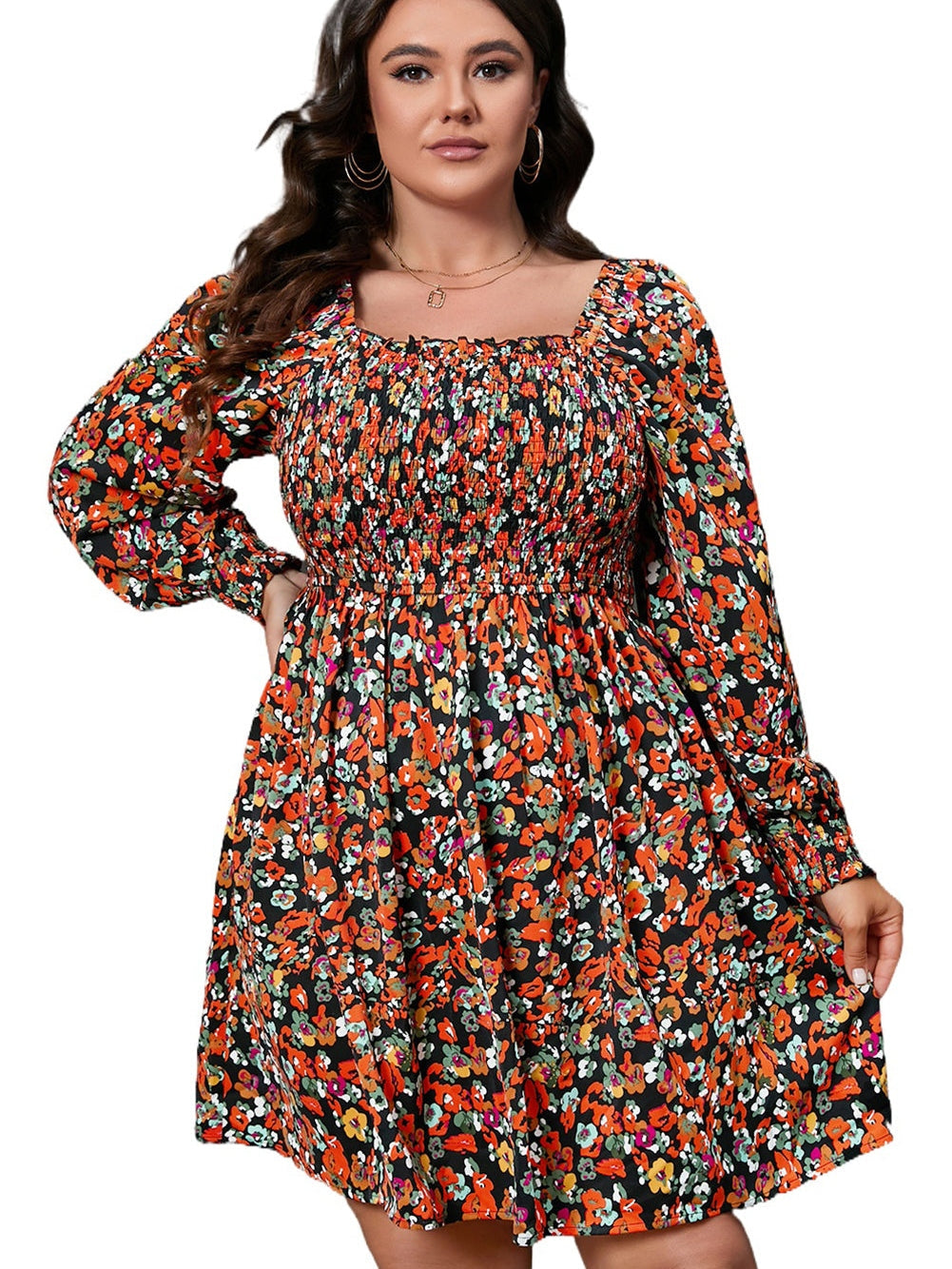 Multicolored Smocked Floral A-Line Dress with Long Sleeves
