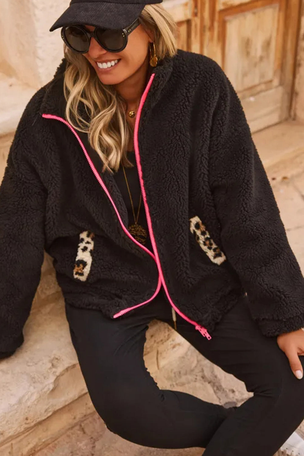 Black Fuzzy Contrast Trim Full Zip Sherpa Jacket with Pockets