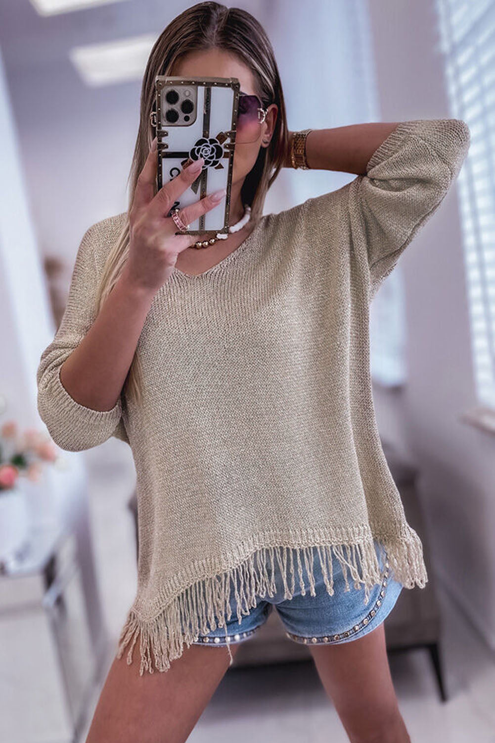 Khaki Knit Sweater with Fringe Detail for Casual Chic
