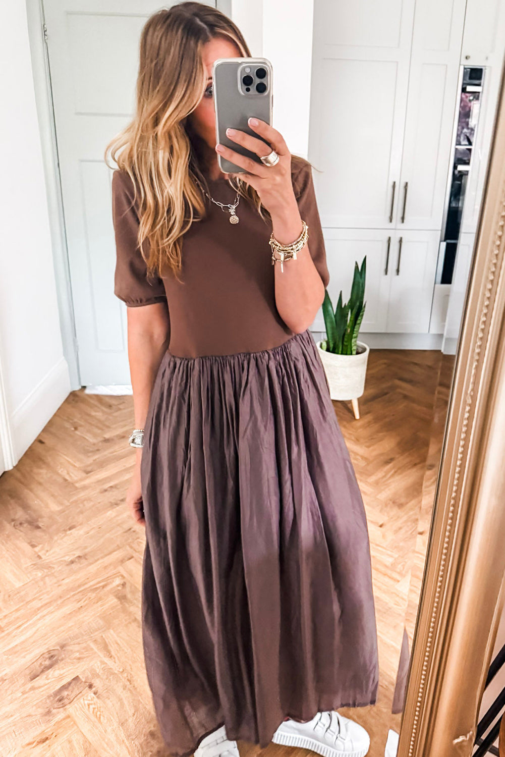 Coffee Short Sleeve Knit Top Patchwork Pleated Long Dress