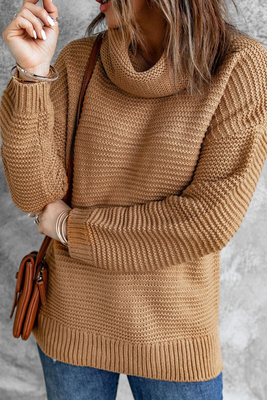 Khaki Warm and Cozy Turtleneck Sweater with Long Sleeves