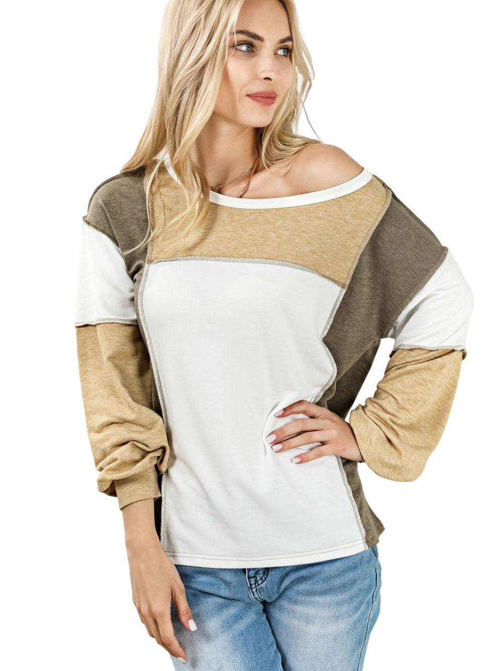 Khaki Patchwork Color Block Knit Top