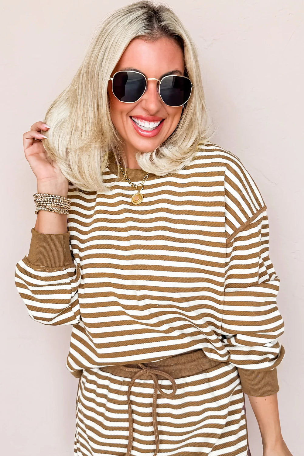 Brown Stripe Textured Drop Shoulder Pullover Top Drawstring Mini Skirt Two Piece Dress Set