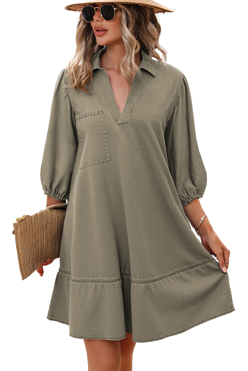 Vineyard Green V Neck Collared Single Chest Pocket Long Sleeve Denim Dress