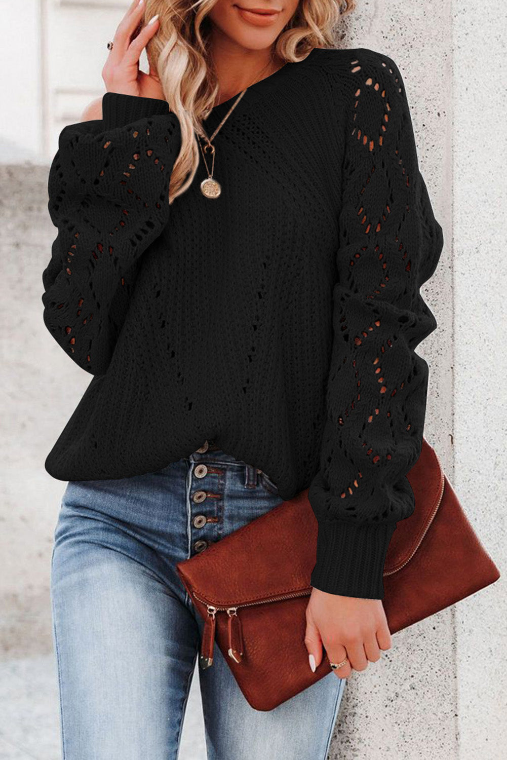 Black Hollow-out Puffy Sleeve Knit Sweater