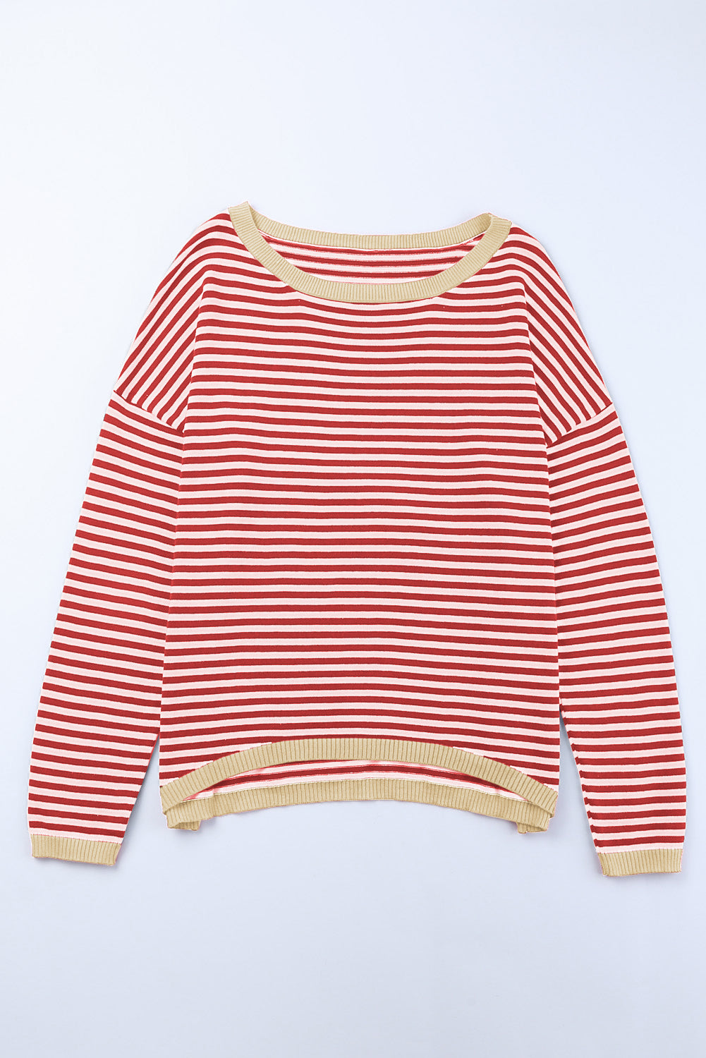 Fiery Red Striped Contrast Trimmed Drop Shoulder Sweater