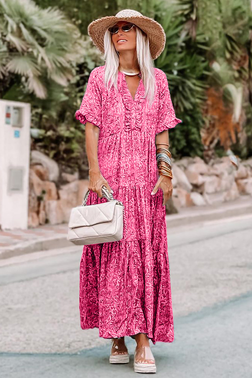 Mid-sleeve V-neck Bohemian Long Dress