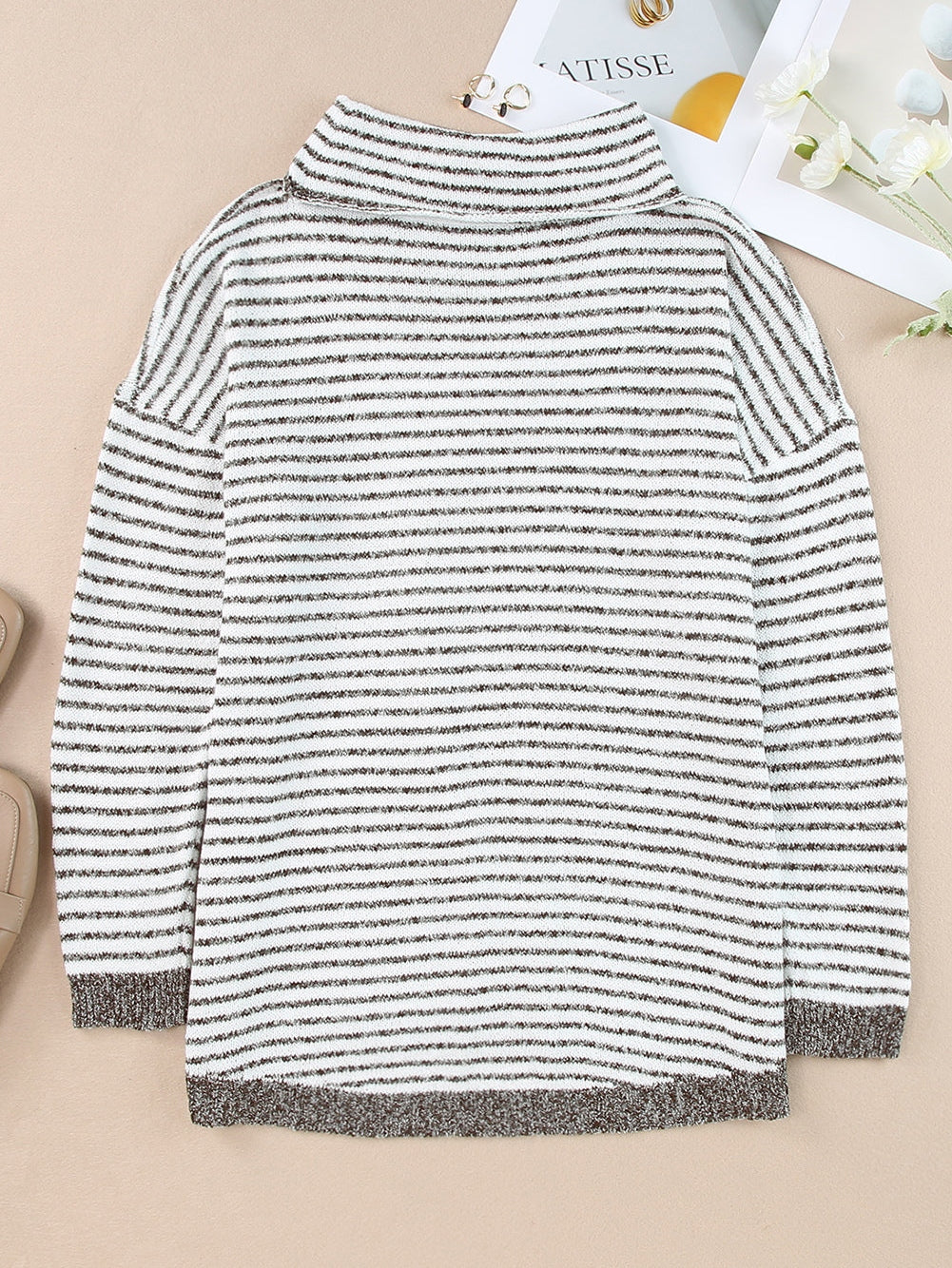 Khaki Striped Turtleneck Knit Sweater for Women