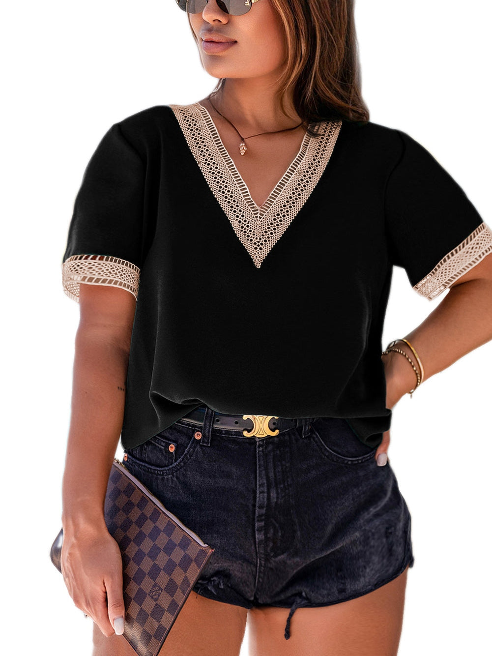 Black Lace Trim Short Sleeve V Neck Plus Size Top