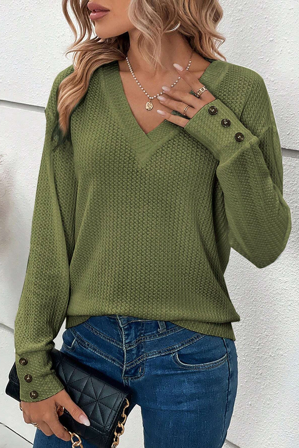 Jungle Green Waffle Knit V Neck Buttoned Long Sleeve Top