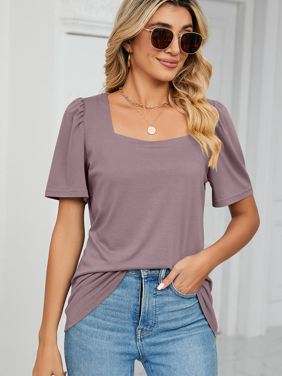 T-Shirts - Solid Square Neck Short Sleeve Loose T-Shirt - MsDressly