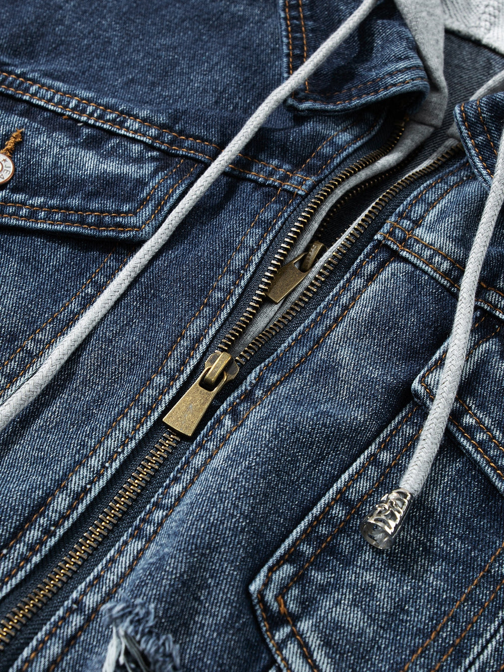 Layered Dark Blue Hooded Zip-Up Denim Jacket with Distressed Detail