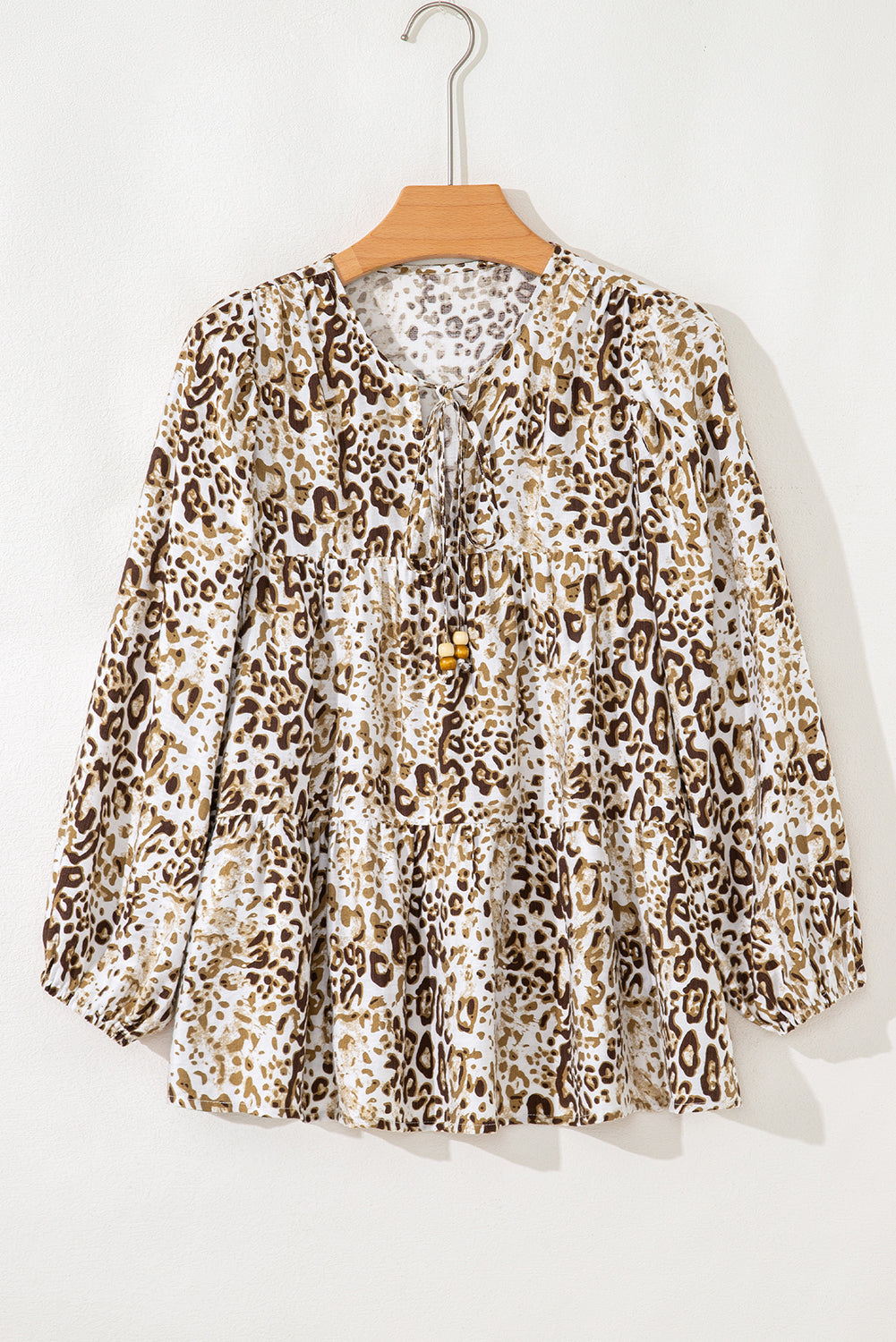 Khaki Leopard Print Long Sleeve Bead Tie V Neck Blouse