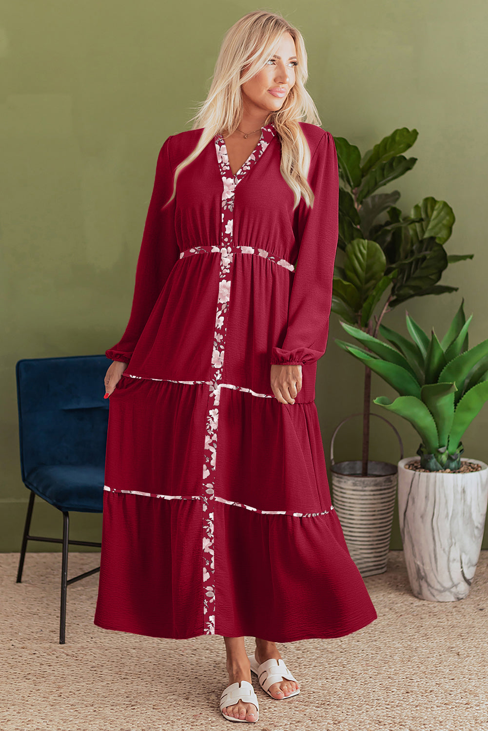 Red Dahlia Floral Patchwork Detail Notched Neck Long Sleeve Maxi Dress