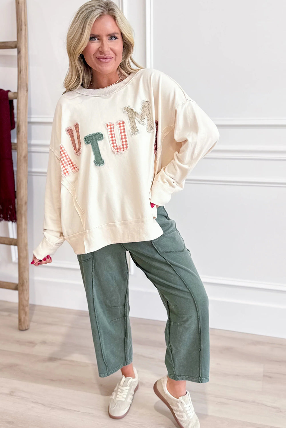 Beige AUTUMN Patched Letter Graphic Pullover Casual Sweatshirt