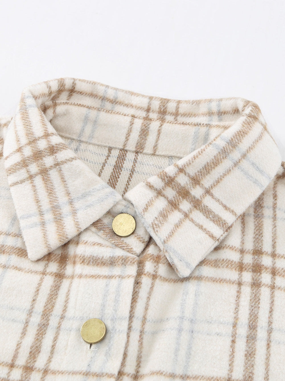 Khaki Plaid Button-Up Shirt Jacket with Side Slits