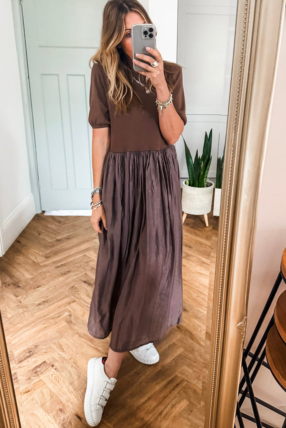 Coffee Short Sleeve Knit Top Patchwork Pleated Long Dress