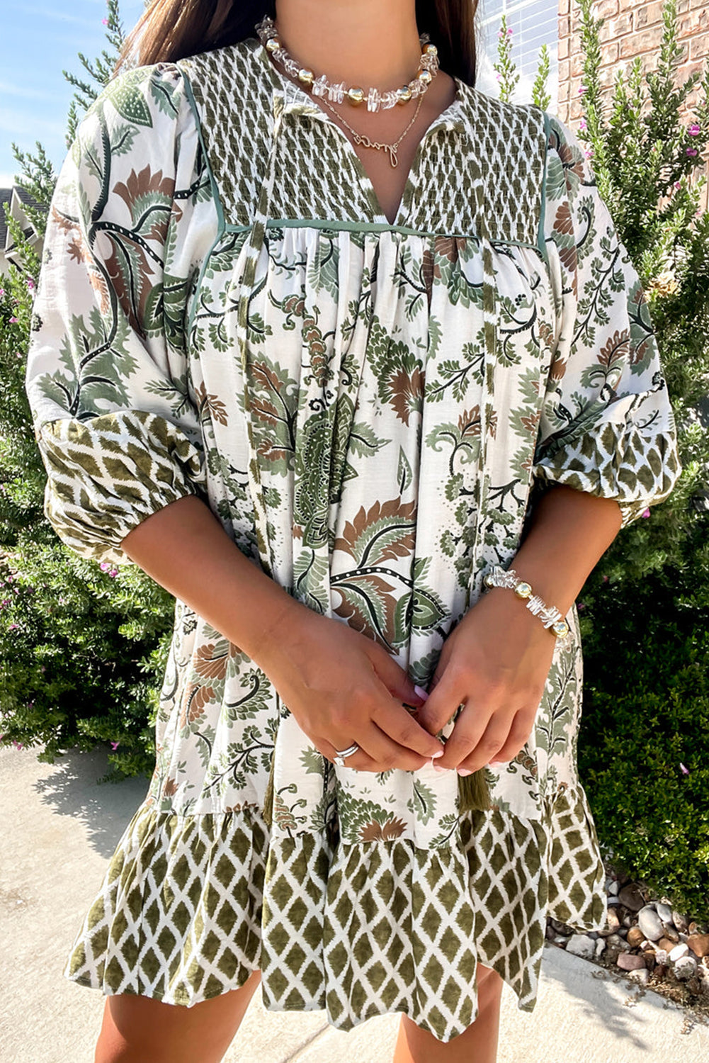 Green Plus Floral Mixed Print Patchwork Tie Split Neck Half Sleeve Loose Mini Dress