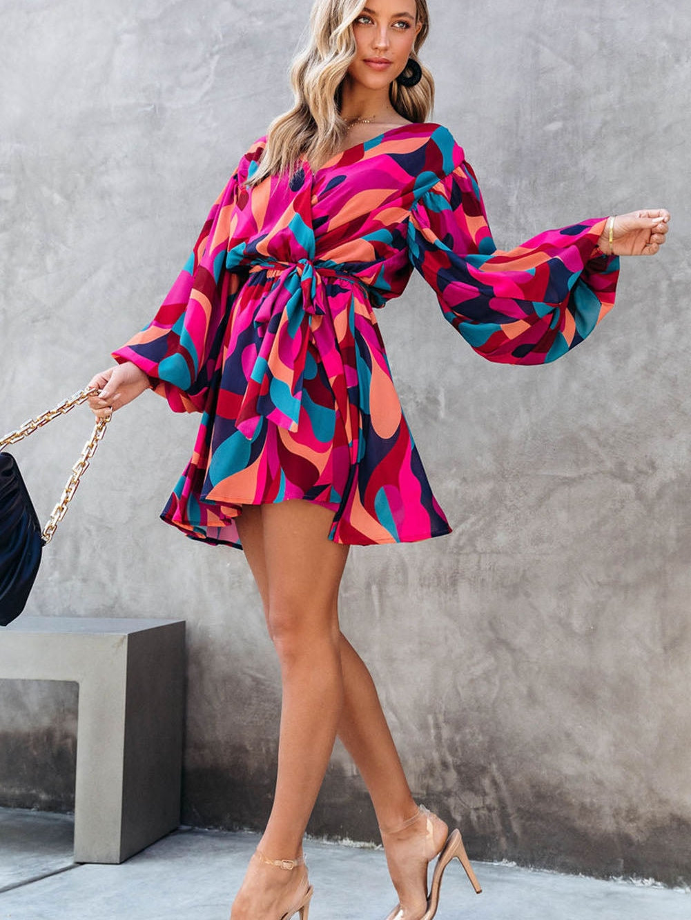 Lapel Print Lace-Up Long Sleeve Dress