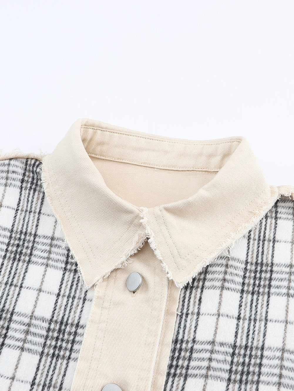 Khaki Plaid Patchwork Denim Shacket - Distressed Edges