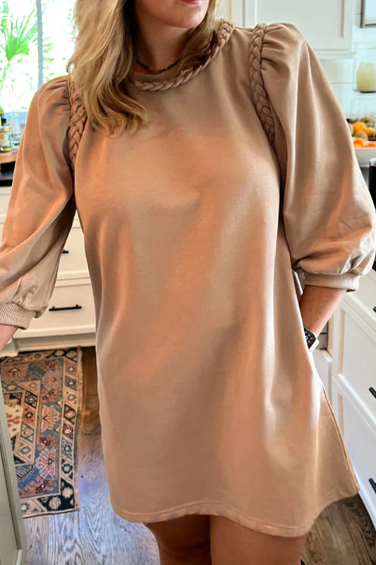 Light French Beige Braided Trim Round Neck 3/4 Sleeve Plus Size Shift T Shirt Dress