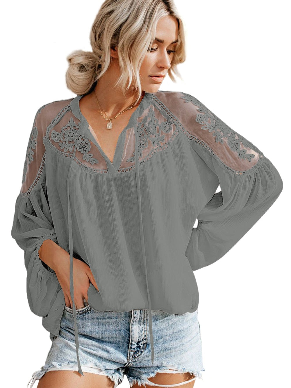 Elegant Gray Lace Detail V-Neck Blouse