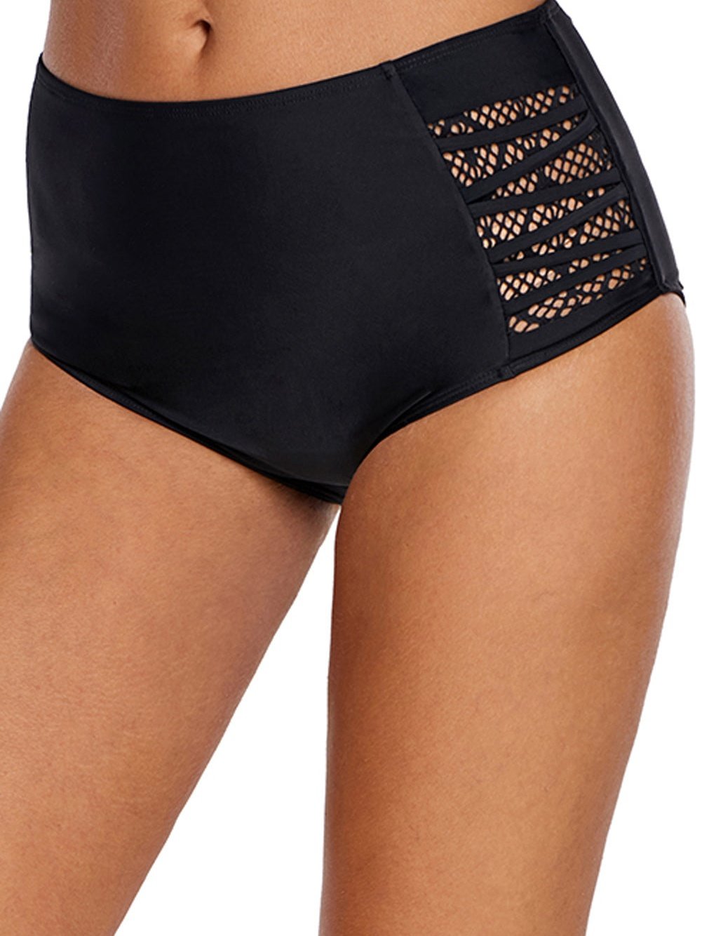 Lace Panel Strappy Black Swim Bottom with Cutout Detail