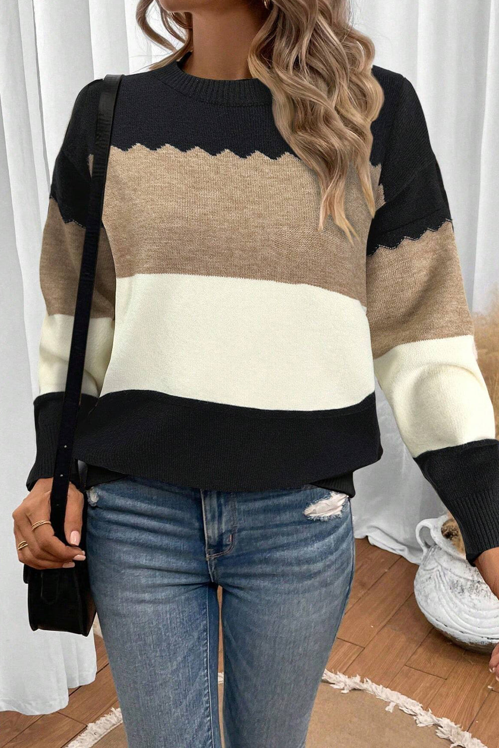 Black Colorblock Crew Neck Drop Shoulder Sweater