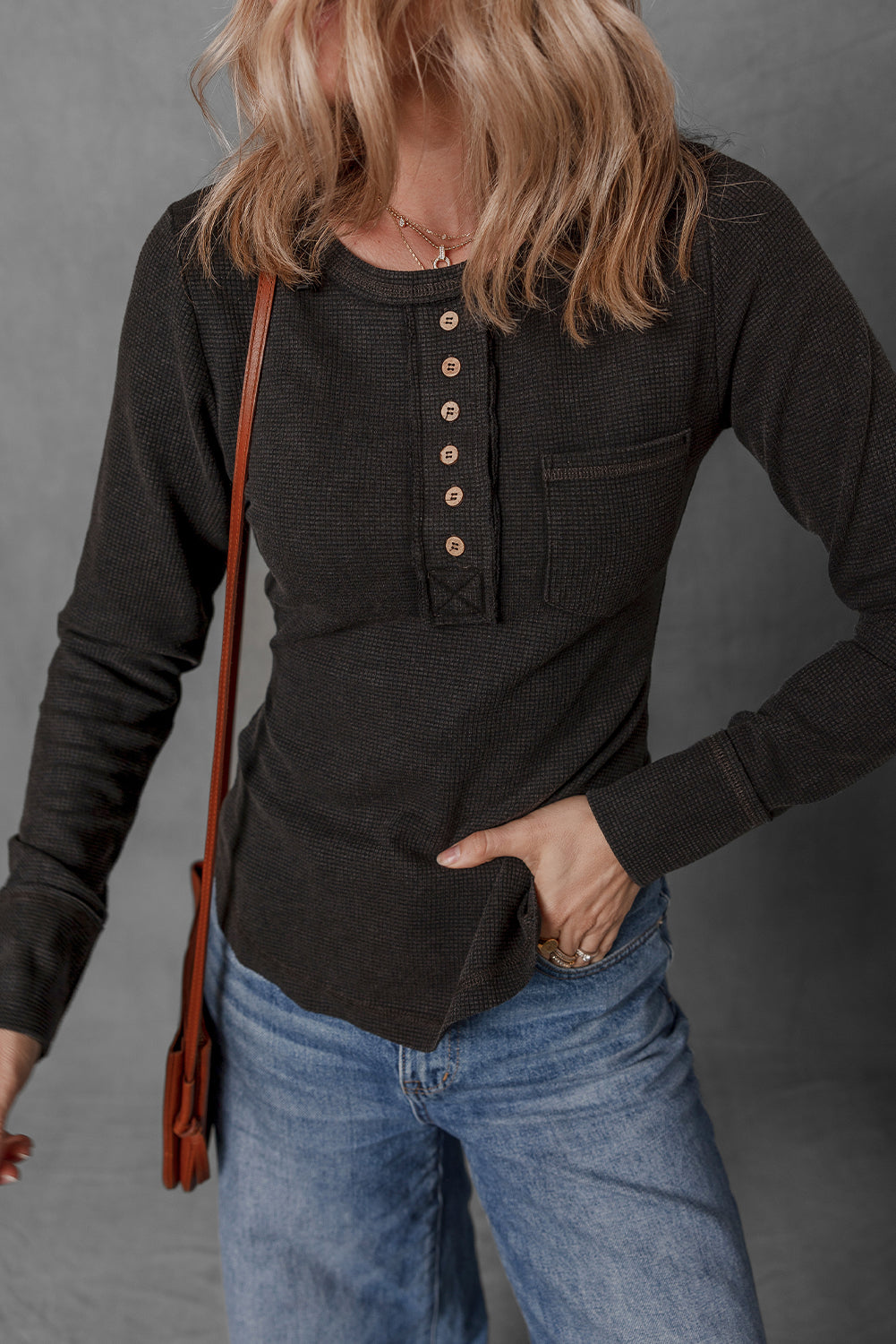 Black Mineral Wash Waffle Knit Single Chest Pocket Long Sleeve Henley Top